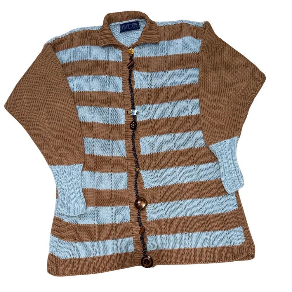 🧥🎨 BAYADERE Artisan Folk Art Striped Knit Cardigan Sweater Blue Tan | Unisex L